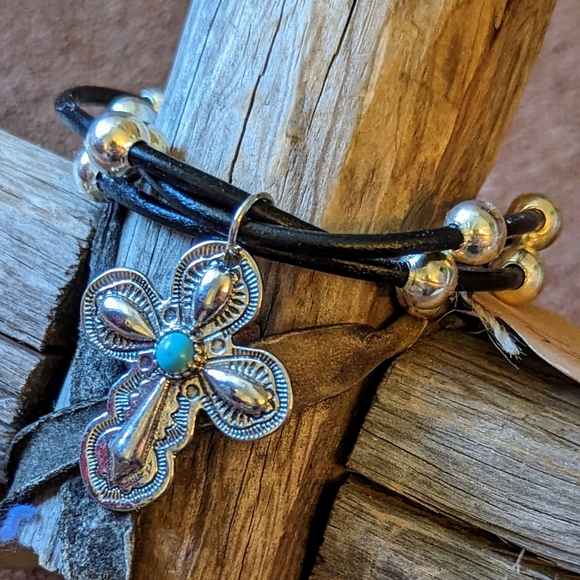 New Handcrafted Black Corded Bracelet With Silver Color Beads and Cross Charm - Picture 5 of 8